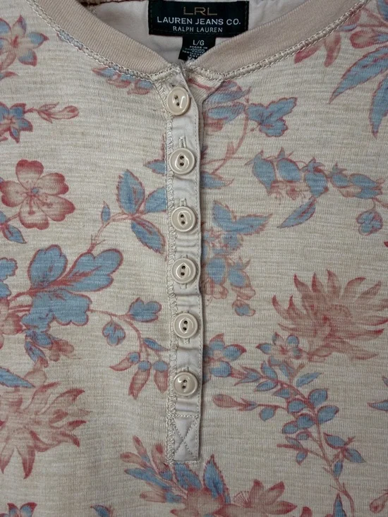 Lauren Ralph Lauren Cream Floral Henley Tee with Pink & Blue Accents - Picture 3 of 7